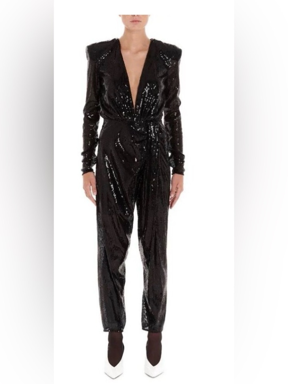 The Attico Black Sequin Long-Sleeve Plunge Jumpsuit